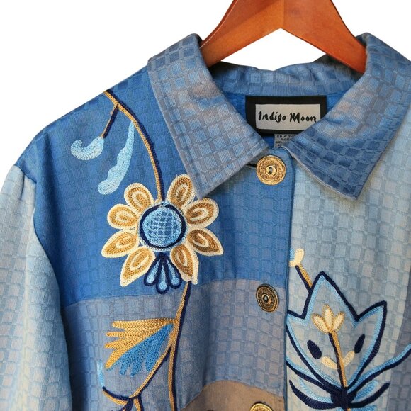 Indigo Moon Blue Embroidered Jacket Fully Lined Button Front Made in India Large - Picture 5 of 6